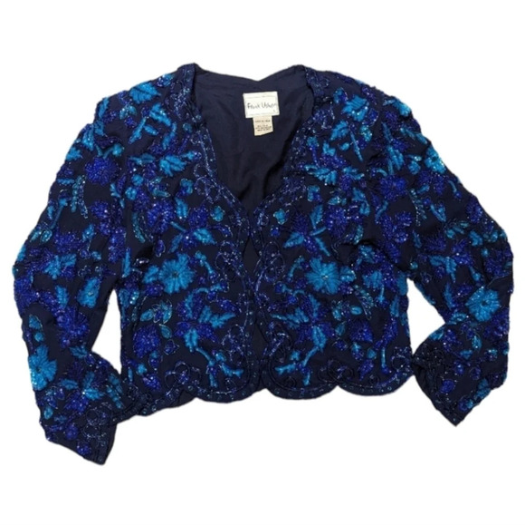 Vintage Frank Usher  Blue 100% Silk Hand Beaded Blazer Jacket Small Grandmacore - Picture 1 of 13